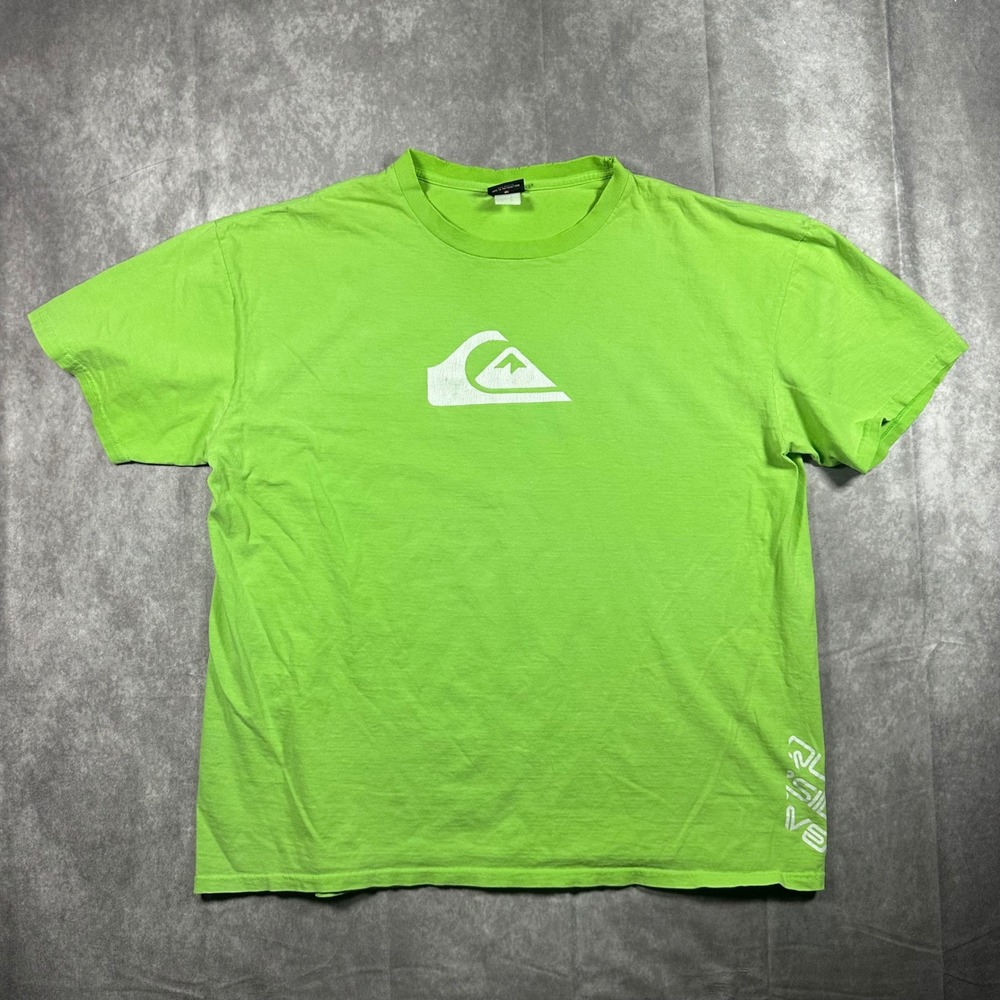 Vintage Quiksilver Mens XL Mountain Wave Logo Neon Green Tee Distressed Surf